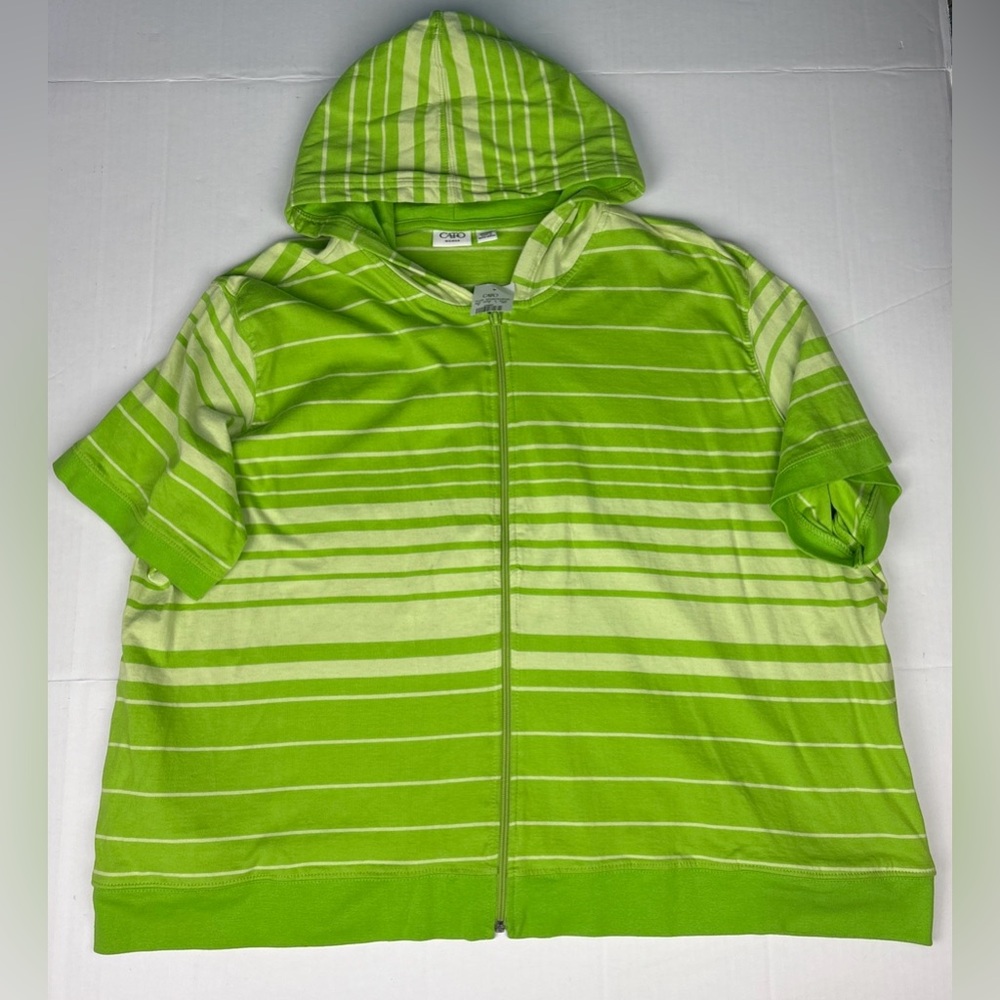 Cato Women 26W 28W Shirt Green Stripes Hooded Zipper Front Short Sleeve New Tag